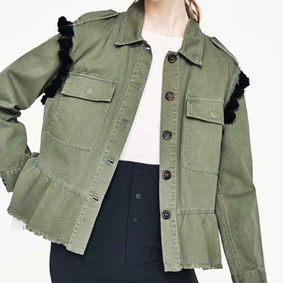 Zara Jackets & Blazers - Zara Tasseled Beaded Embellished Military Green Lightweight Button Front Jacket